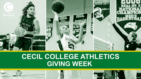 three Cecil College athletes pictured playing men's basketball, volleyball and women's basketball