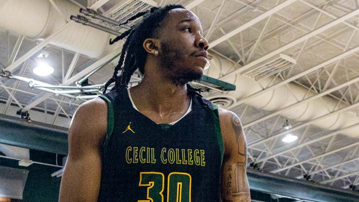 Khalid Gates returned to Cecil College to take part in the annual men's basketball alumni game.