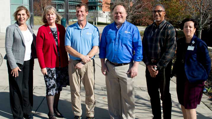 This is a group photograph of From the left are: Executive Director of the Cecil College Foundation and Alumni Development Karen Uricoli, Cecil College President Mary Way Bolt, Hillside Heating and Cooling owner Jim Sellers, Hillside Heating and Cooling Chief Marketing Officer Matt Urban, Dean of Continuing Education and Workforce Development Miles Dean, and Vice President of Academic Programs Christy Dryer.