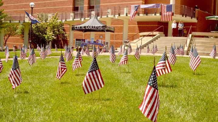 This is the North East Campus quad covered in American Flags.