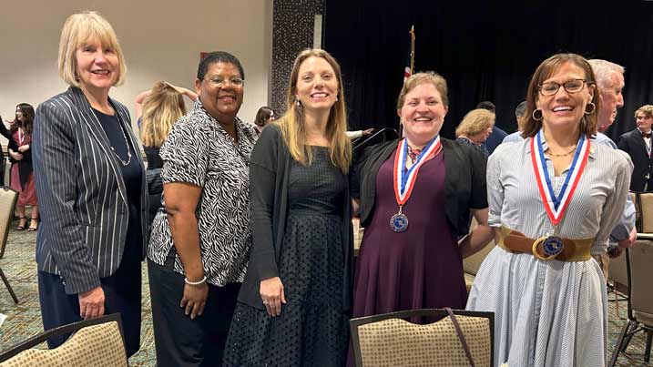 This is a photograph of the Phi Theta Kappa's Maryland awards held May 1, 2024. In the photo are: Cecil College President Dr. Mary Way Bolt; Director of Student Life, Cheryl Davis-Robinson; PTK Advisor and Professor Melissa Burke; with award recipients Rebecca Scarborough and Angela Teague.