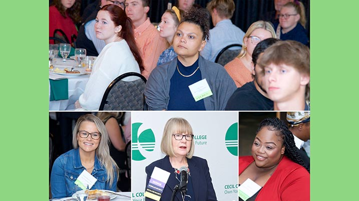 This is a collage of photographs from the Cecil College Foundation Breakfast. Photo info: The image is a collage of three smaller photographs. The top photograph shows a group of individuals seated around a table, appearing to be engaged in or observing an event. The setting is a banquet-style room with several tables covered in white cloth, plates, and glasses. People are dressed in casual to semi-formal attire, and there's a mix of attentiveness and engagement across faces. The bottom left photograph features a smiling woman with long blonde hair and glasses, seated at a table. She is wearing a denim jacket and has a name tag, with a plate of food and a drink in front of her. The bottom middle photograph depicts a woman speaking into a microphone. She has short blonde hair and is wearing glasses and a dark blazer. Behind her is a backdrop with green and white graphics and text that suggests a formal event or conference. The bottom right photograph shows a smiling woman with braided hair wearing a red blazer, seated possibly in an audience setting. She appears engaged and attentive.