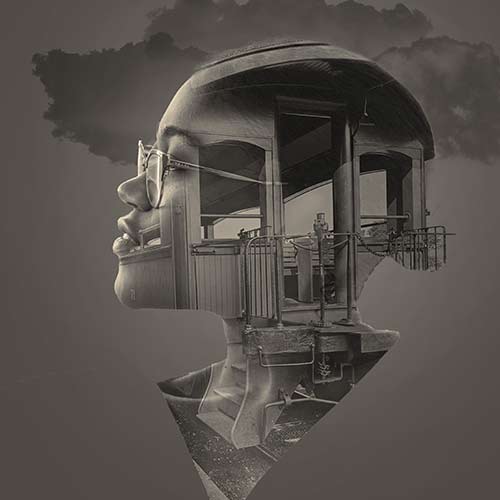 artistic photo of female profile with a house in the location of her brain