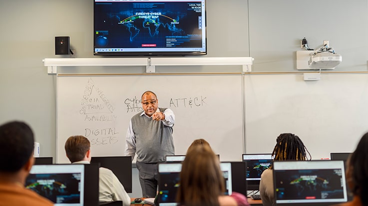 Cecil College Cybersecurity Degrees & Certificates - Instructor teaching a class in front of a whitebard.