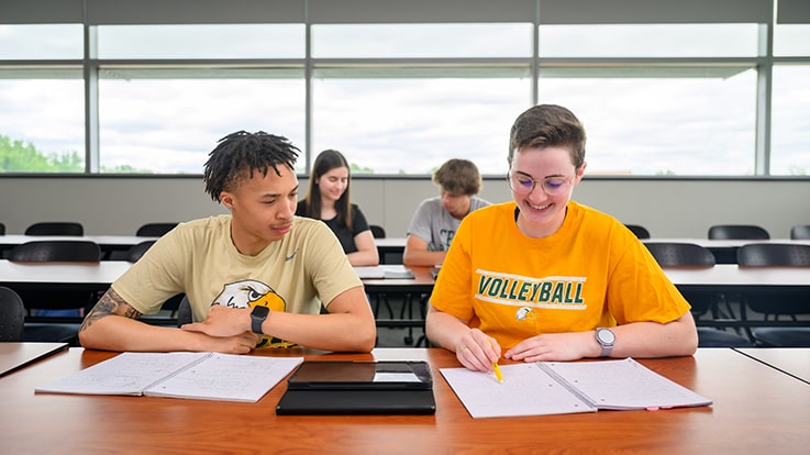 Cecil College English Degrees - Two students with notebooks studying together at a table.